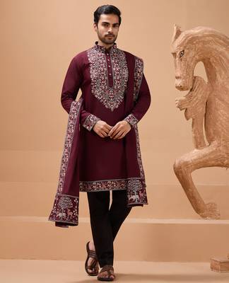 Maroon viscose silk thread with sequence embroidered work kurta with dupatta 1