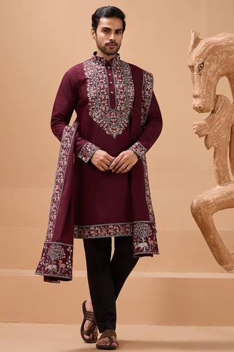 Maroon viscose silk thread with sequence embroidered work kurta with dupatta