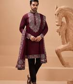 Maroon viscose silk thread with sequence embroidered work kurta with dupatta