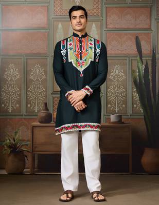 Green pure cotton real mirror with multi thread work kurta only 1