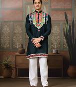 Green pure cotton real mirror with multi thread work kurta only