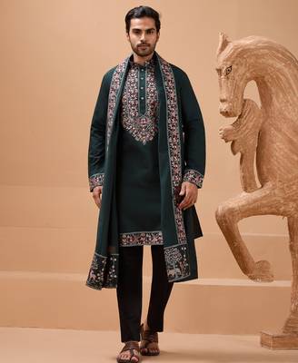 Green viscose silk thread with sequence embroidered work kurta with dupatta 1