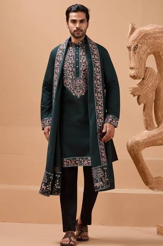 Green viscose silk thread with sequence embroidered work kurta with dupatta