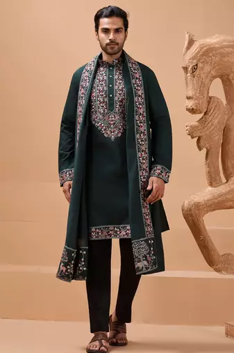 Green viscose silk thread with sequence embroidered work kurta with dupatta