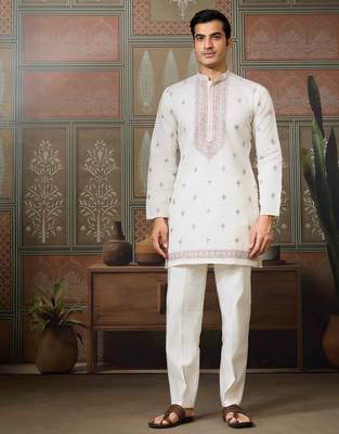 White viscose silk multi thread with sequence embroidered work kurta jacket & bottom 3