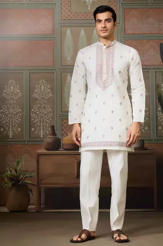 White viscose silk multi thread with sequence embroidered work kurta jacket & bottom