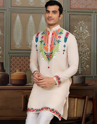 Cream pure cotton real mirror with multi thread work kurta only 3