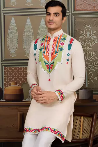 Cream pure cotton real mirror with multi thread work kurta only
