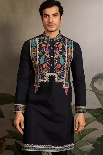 Black viscose silk thread with sequence embroidered work kurta only