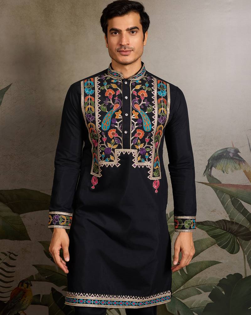 Black viscose silk thread with sequence embroidered work kurta only