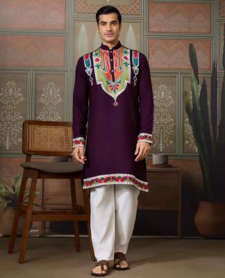 Purple pure cotton real mirror with multi thread work kurta only 1
