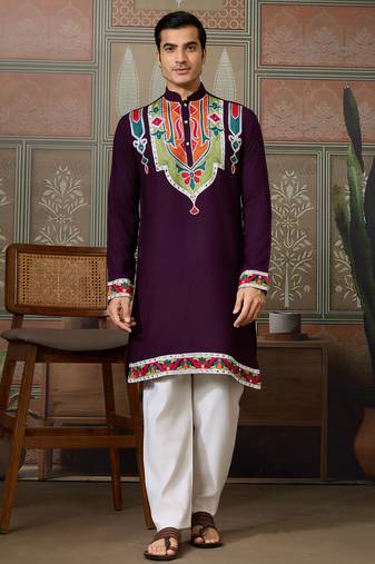 Purple pure cotton real mirror with multi thread work kurta only
