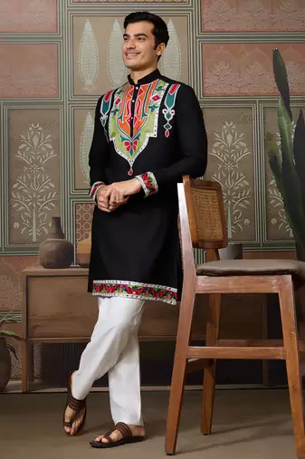 Black pure cotton real mirror with multi thread work kurta only