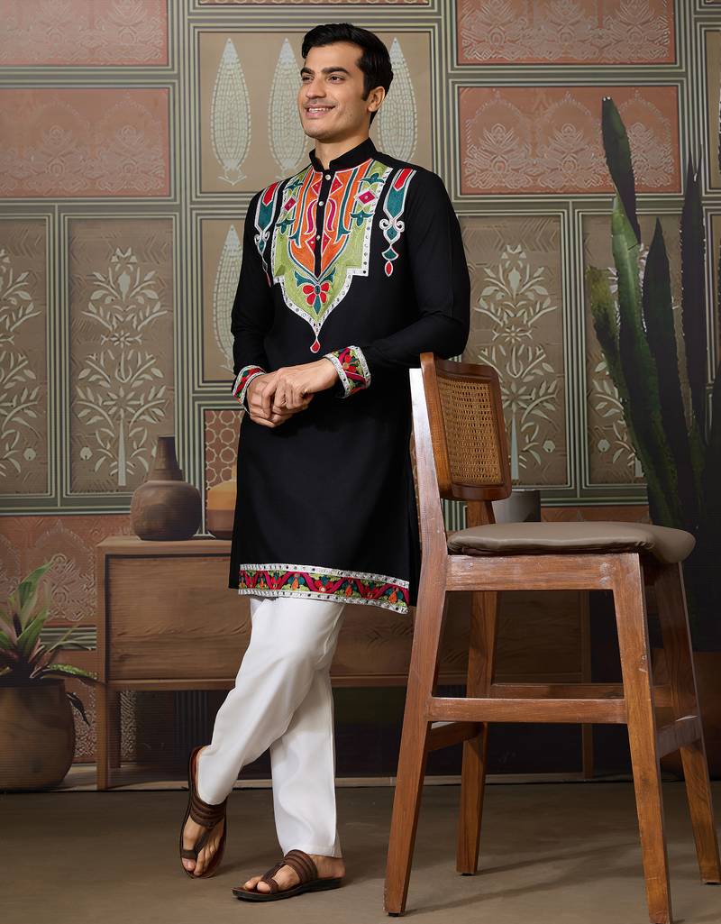 Black pure cotton real mirror with multi thread work kurta only
