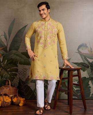 Yellow viscose silk real mirror with thread & sequence embroidered work kurta only 1