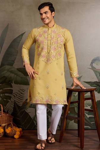 Yellow viscose silk real mirror with thread & sequence embroidered work kurta only