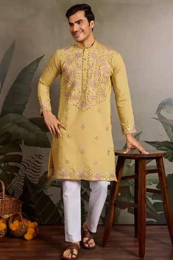 Yellow viscose silk real mirror with thread & sequence embroidered work kurta only