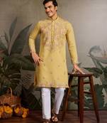 Yellow viscose silk real mirror with thread & sequence embroidered work kurta only