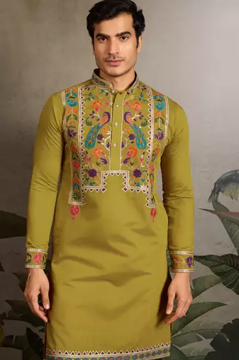 Fluorescent green viscose silk thread with sequence embroidered work kurta only