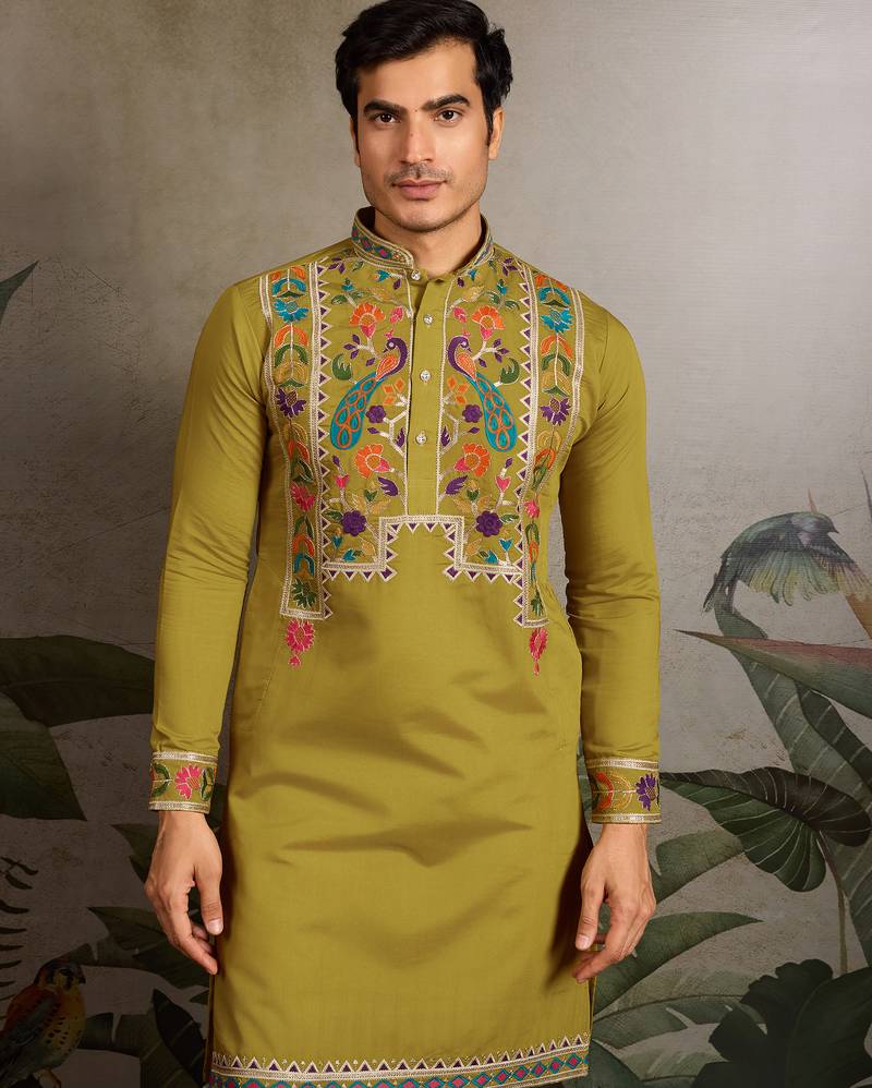 Fluorescent green viscose silk thread with sequence embroidered work kurta only