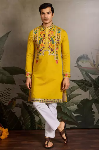 Yellow viscose silk thread with sequence embroidered work kurta only
