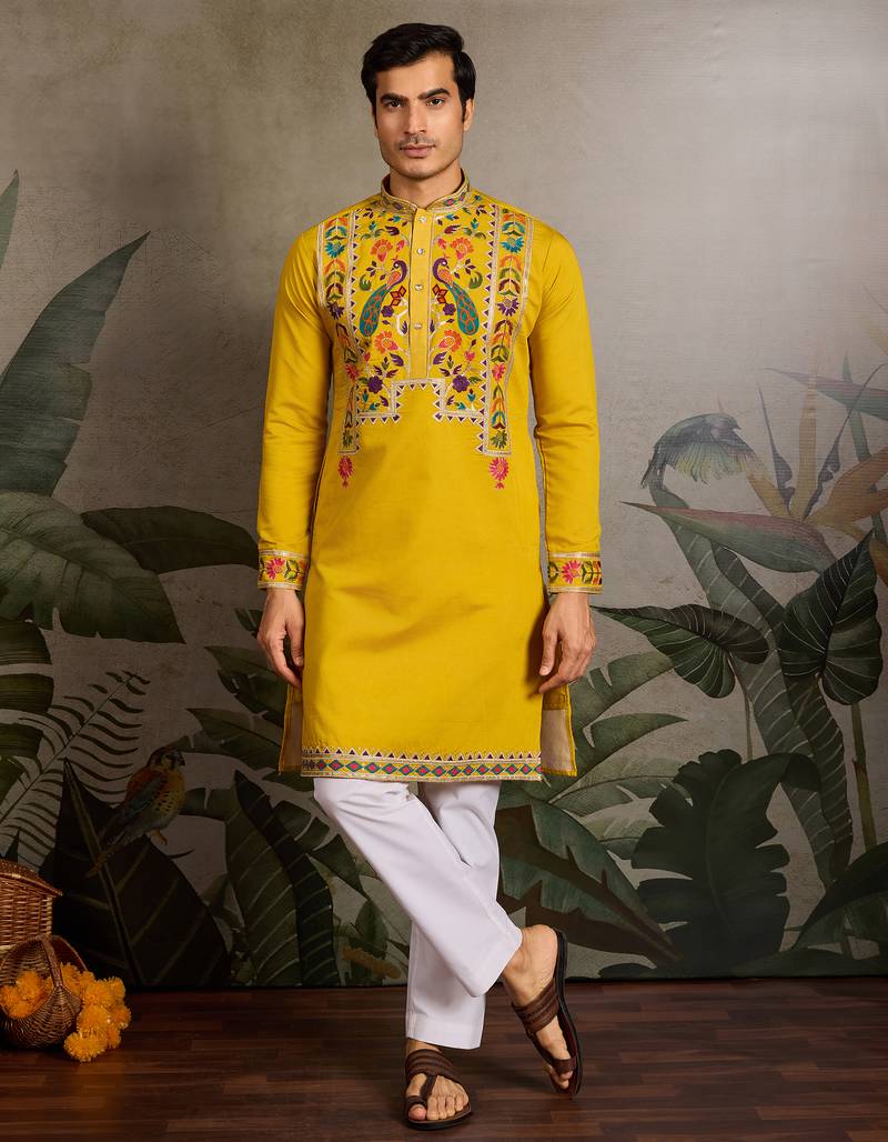 Yellow viscose silk thread with sequence embroidered work kurta only