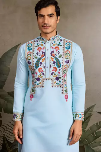 Sky blue viscose silk thread with sequence embroidered work kurta only