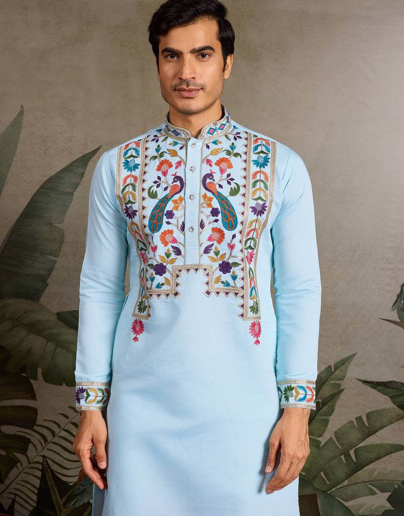 Sky blue viscose silk thread with sequence embroidered work kurta only