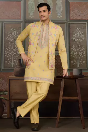Yellow viscose silk multi thread with sequence embroidered work kurta jacket & bottom
