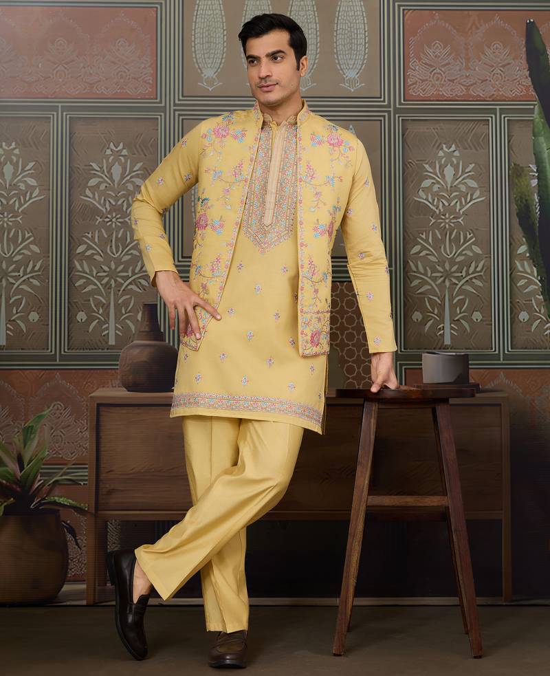 Yellow viscose silk multi thread with sequence embroidered work kurta jacket & bottom