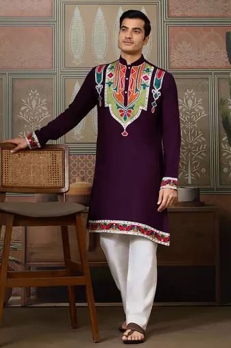 Purple pure cotton real mirror with multi thread work kurta only