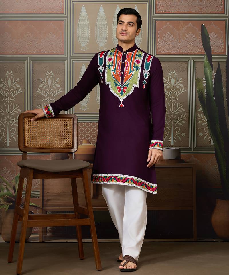 Purple pure cotton real mirror with multi thread work kurta only