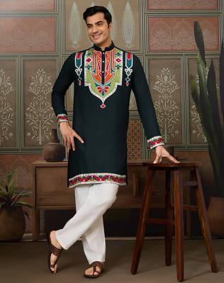 Green pure cotton real mirror with multi thread work kurta only 2