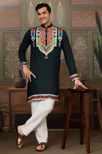 Green pure cotton real mirror with multi thread work kurta only