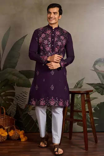 Purple viscose silk real mirror with thread & sequence embroidered work kurta only