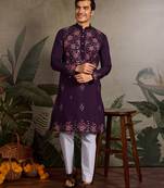 Purple viscose silk real mirror with thread & sequence embroidered work kurta only