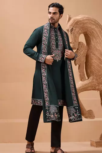 Green viscose silk thread with sequence embroidered work kurta with dupatta
