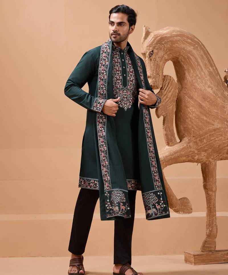 Green viscose silk thread with sequence embroidered work kurta with dupatta