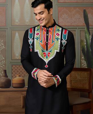 Black pure cotton real mirror with multi thread work kurta only 3