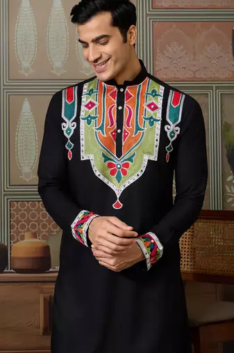 Black pure cotton real mirror with multi thread work kurta only