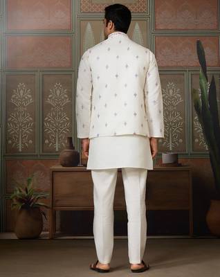 White viscose silk multi thread with sequence embroidered work kurta jacket & bottom 4