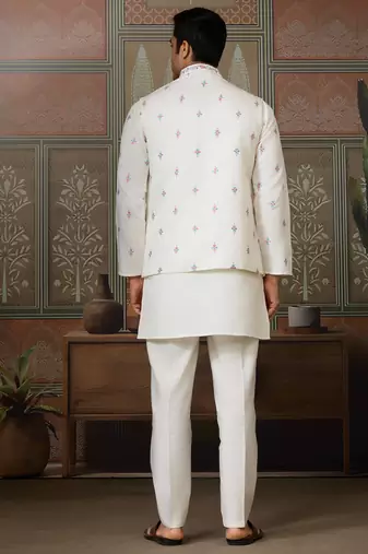 White viscose silk multi thread with sequence embroidered work kurta jacket & bottom