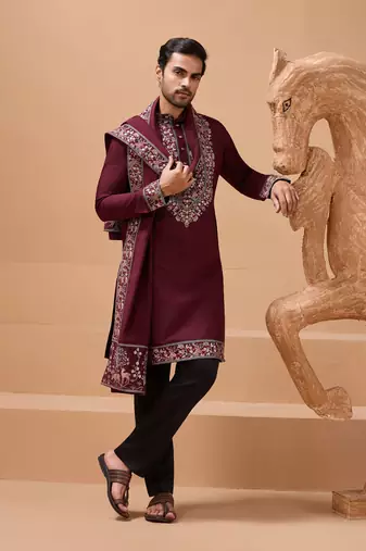Maroon viscose silk thread with sequence embroidered work kurta with dupatta