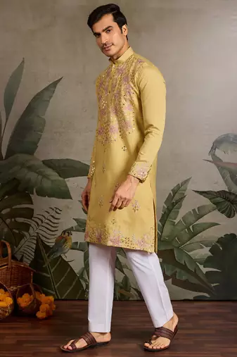 Yellow viscose silk real mirror with thread & sequence embroidered work kurta only