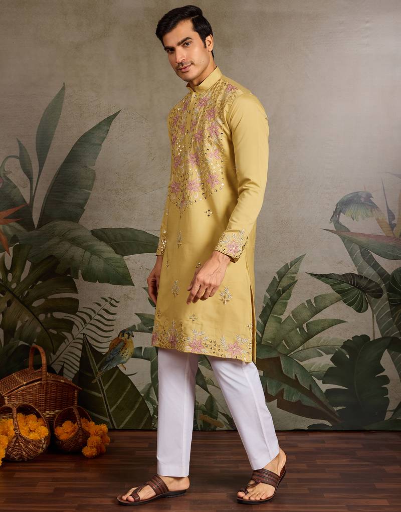 Yellow viscose silk real mirror with thread & sequence embroidered work kurta only