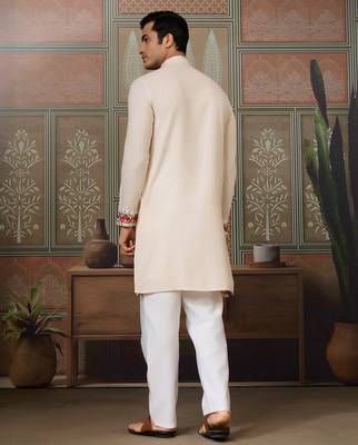 Cream pure cotton real mirror with multi thread work kurta only 4