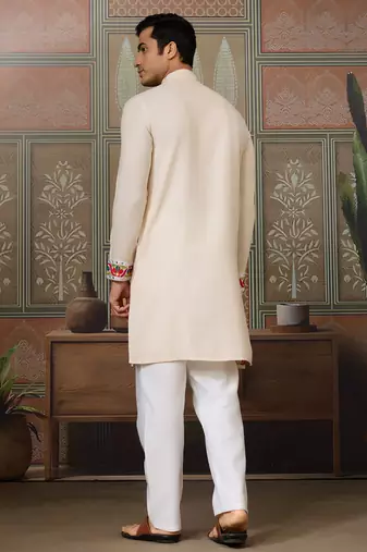 Cream pure cotton real mirror with multi thread work kurta only