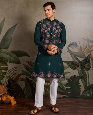 Green viscose silk real mirror with thread & sequence embroidered work kurta only 1