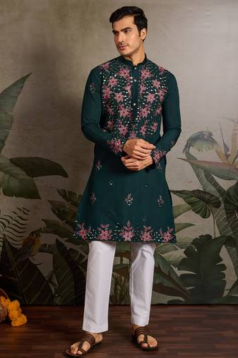 Green viscose silk real mirror with thread & sequence embroidered work kurta only
