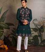 Green viscose silk real mirror with thread & sequence embroidered work kurta only